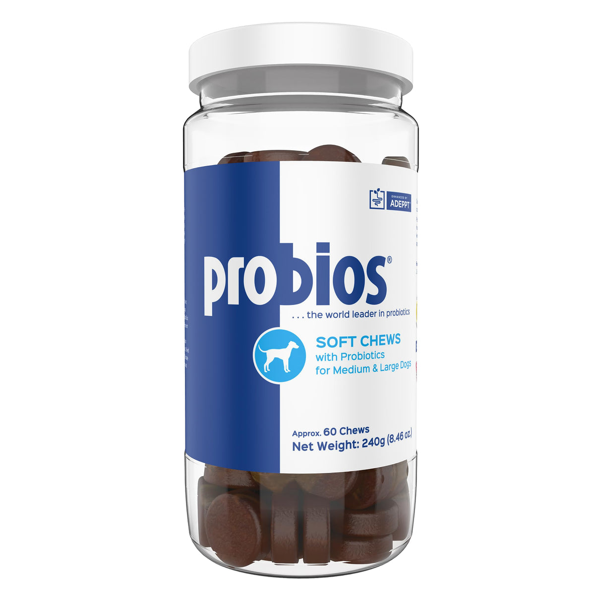 Probios for Dogs Soft Chews bottle pour signals daily probiotic support.