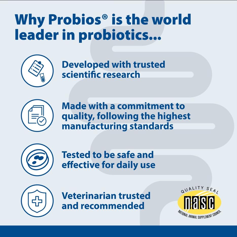 Probios for Dogs Soft Chews multi-strain formula close-up indicates diverse probiotic blend.