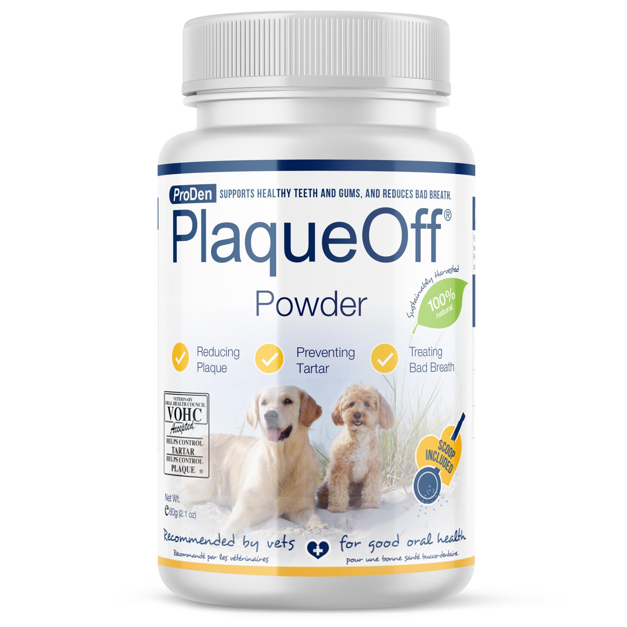 ProDen PlaqueOff dental care bottle front highlights natural pet formula