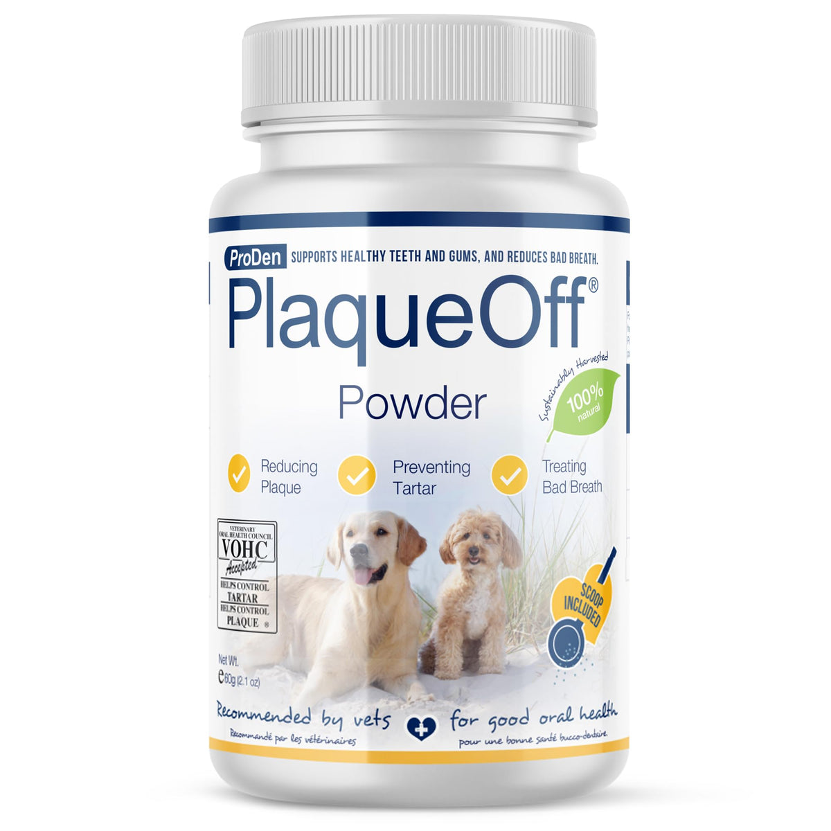 ProDen PlaqueOff dental care bottle front highlights natural pet formula