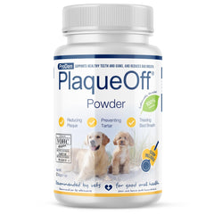 ProDen PlaqueOff dental care bottle front highlights natural pet formula