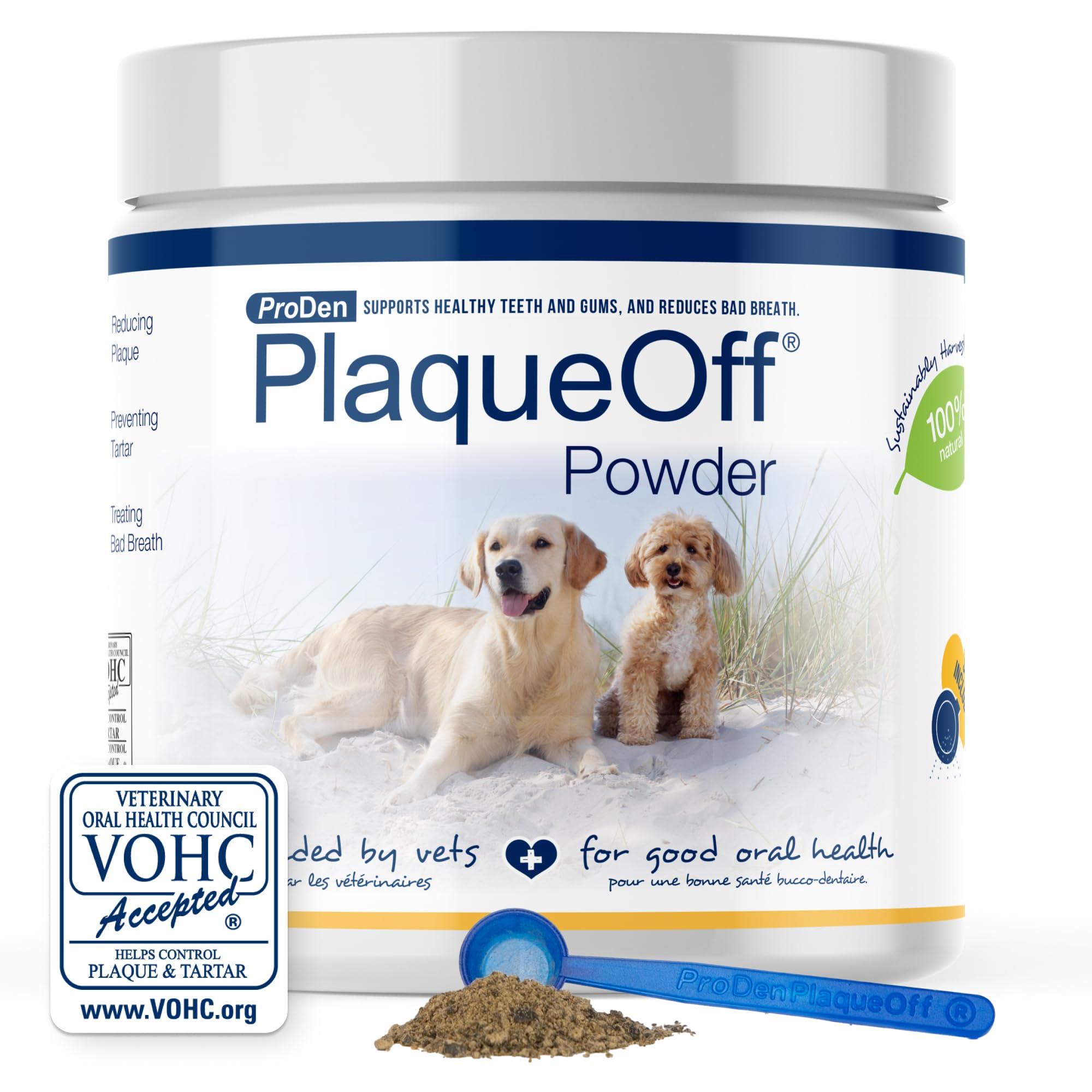 ProDen PlaqueOff powder bottle promotes pet dental care.