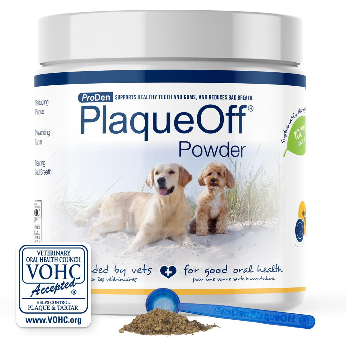 ProDen PlaqueOff powder bottle promotes pet dental care.