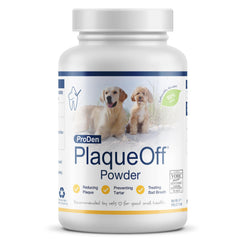 ProDen PlaqueOff powder bottle shown for easy pet dental care