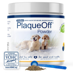 ProDen PlaqueOff powder bottle promotes pet dental care.