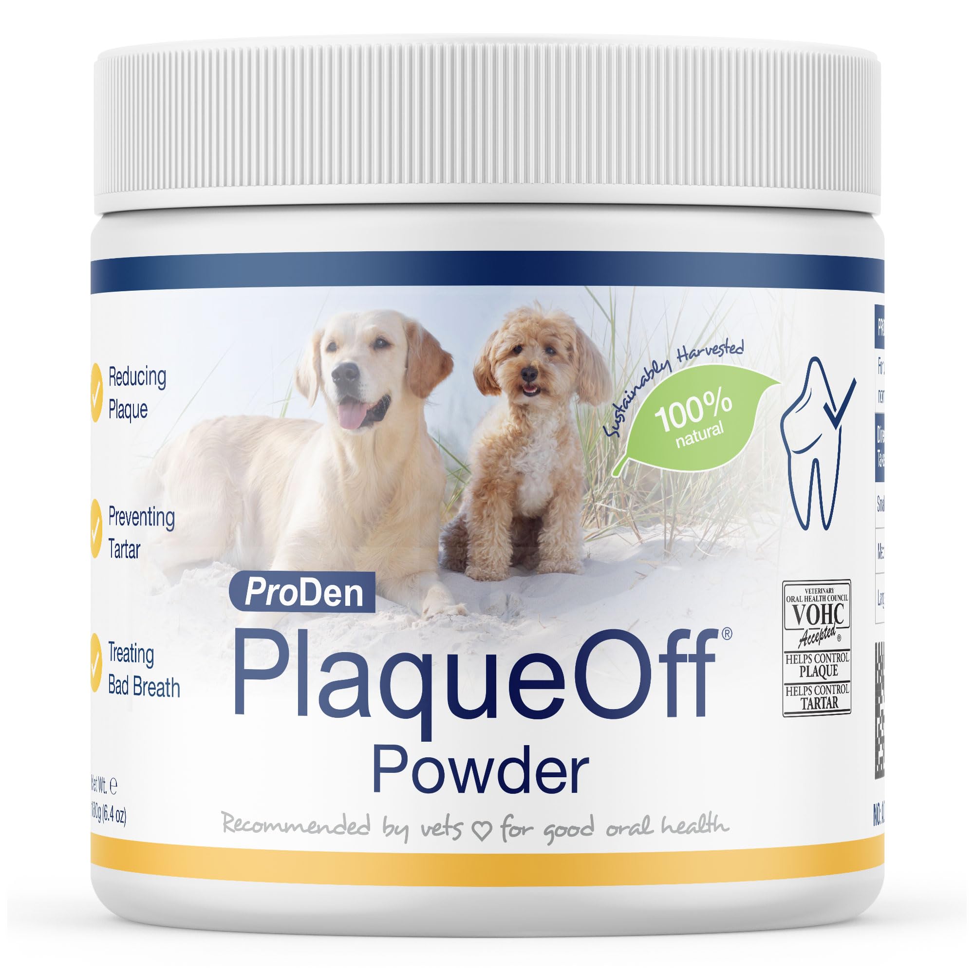 ProDen PlaqueOff powder for dogs, visual focus on dog breath improvement