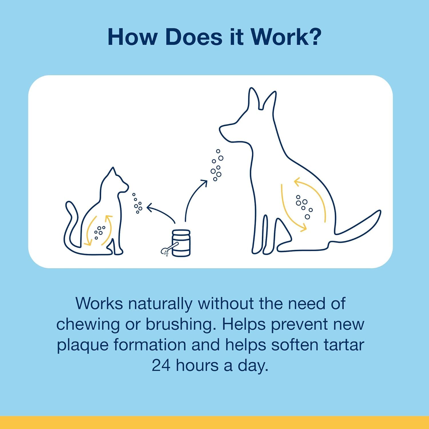 Dog teeth close-up beside PlaqueOff powder showing dental hygiene support
