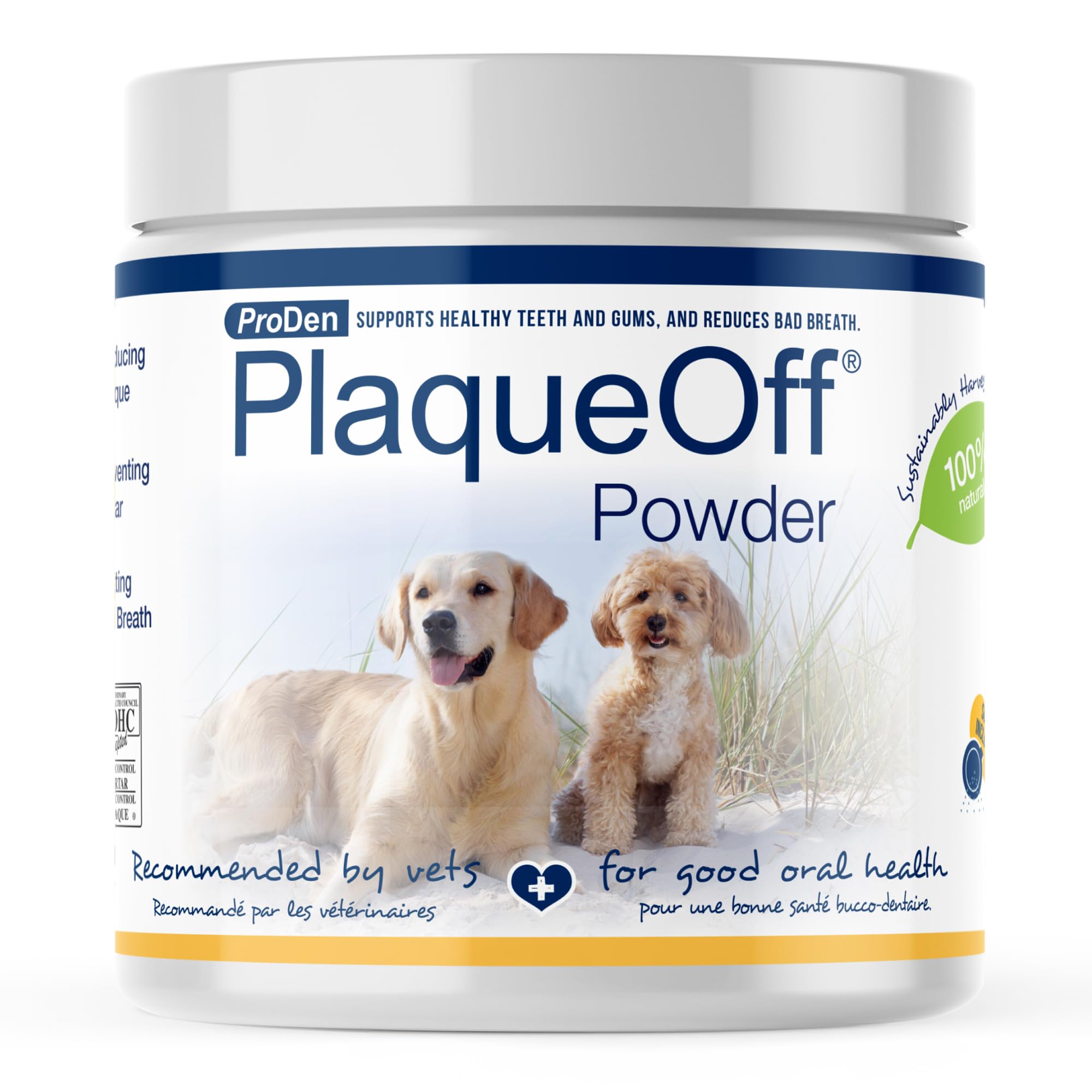 ProDen PlaqueOff powder bottle for pets on a kitchen counter, easy daily dental care