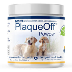 ProDen PlaqueOff powder bottle for pets on a kitchen counter, easy daily dental care