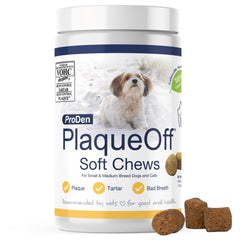 ProDen PlaqueOff Soft Chews packaging front with natural kelp, highlighting dental support.