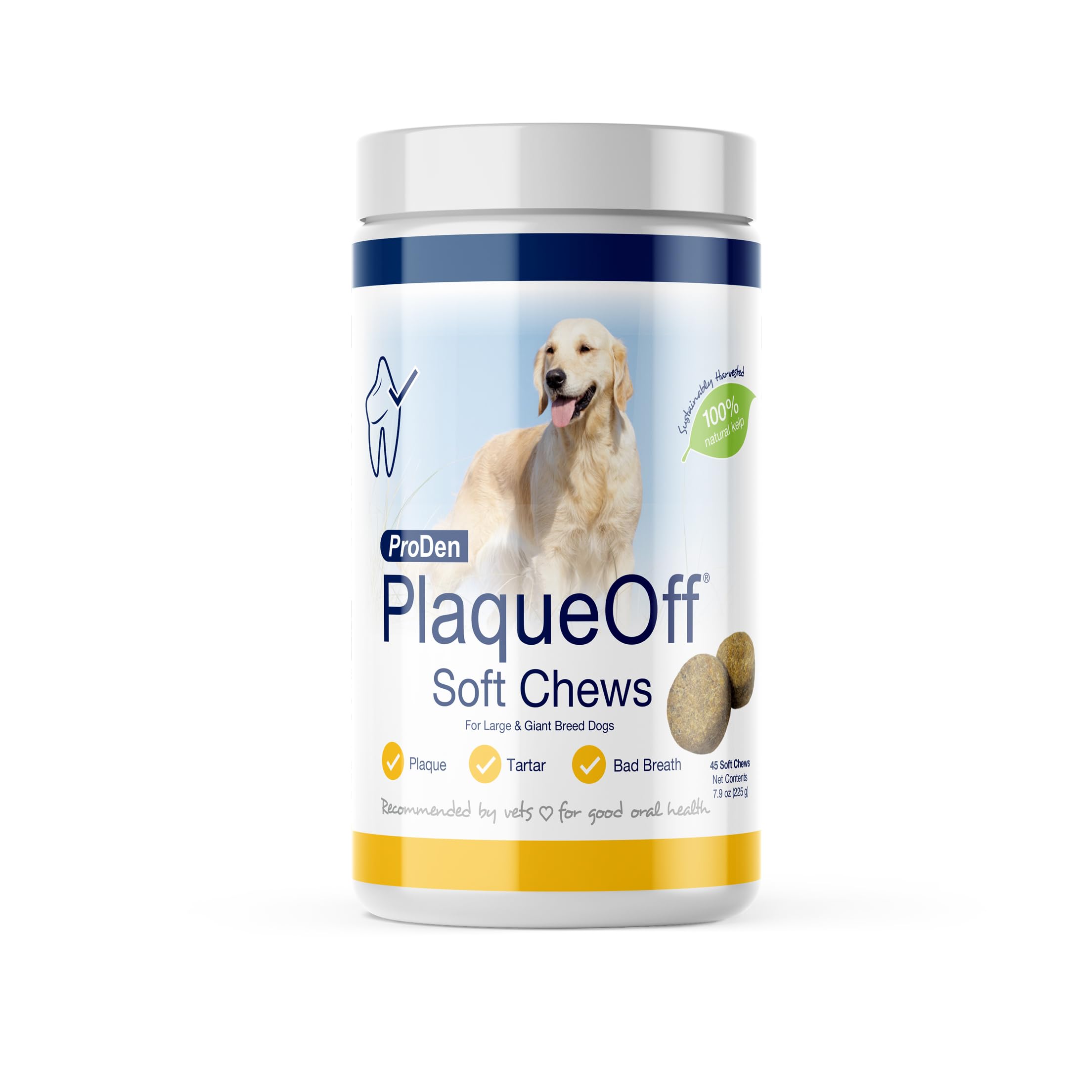 ProDen PlaqueOff soft chews packaging tub ready for easy dental care.