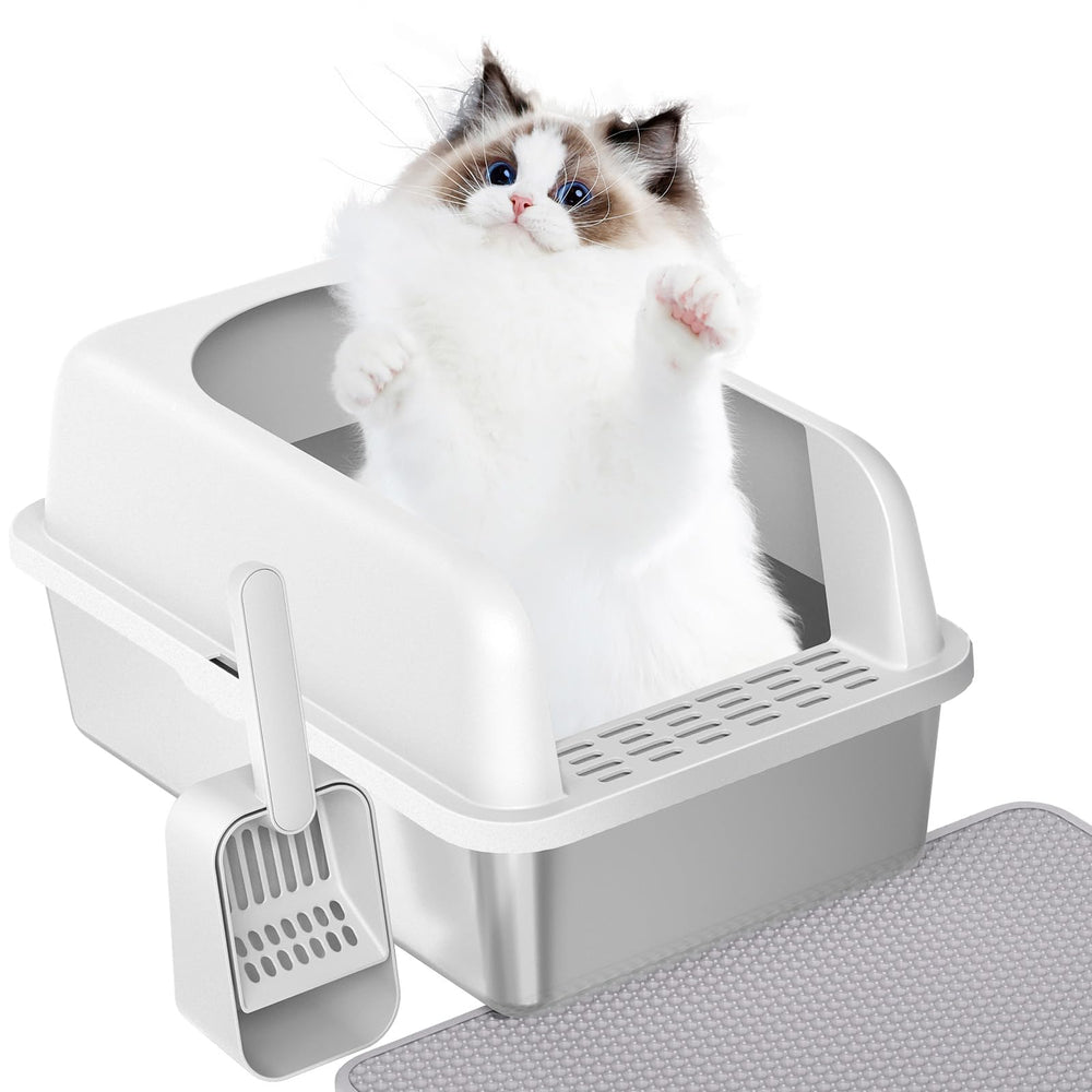 Prodigen stainless steel litter box with lid, front view, smooth surface for quick cleaning