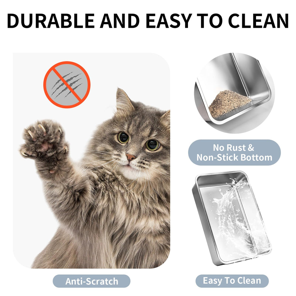 Prodigen stainless steel litter box with lid, side view showing sturdy construction