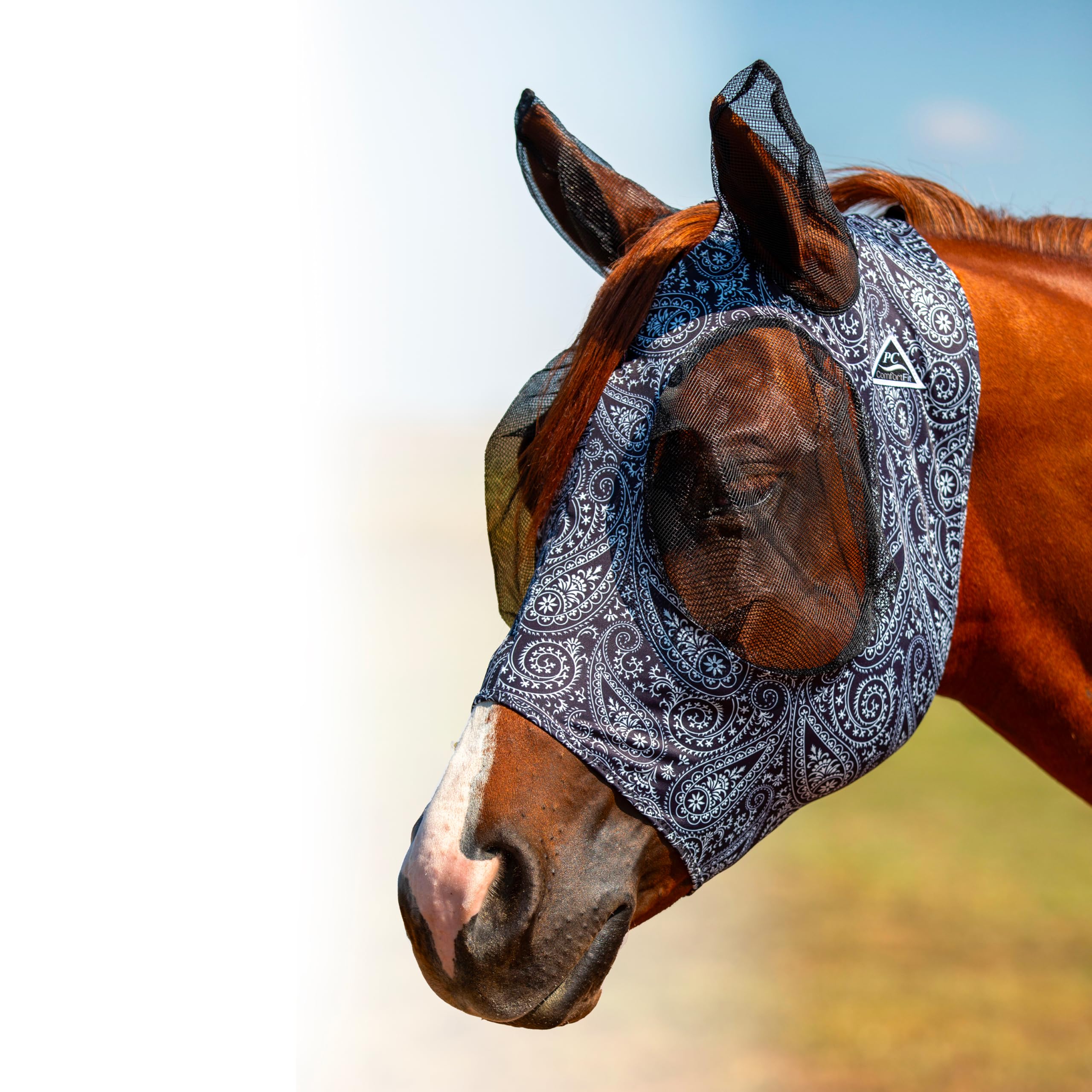 Professional's Choice Comfort-Fit Fly Mask in Paisley-Black provides secure fit and clear vision for riding.