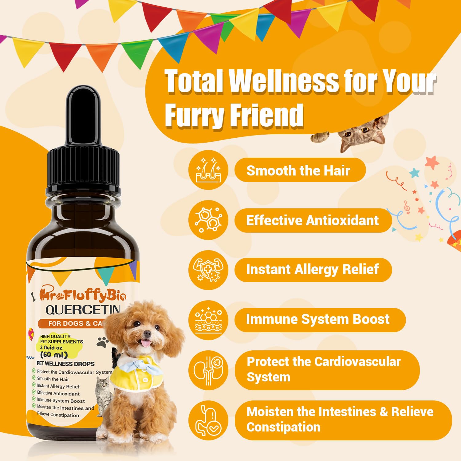 ProFluffyBio dog quercetin liquid drops food mix integrates into meals.