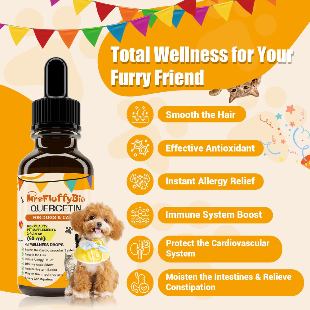 ProFluffyBio dog quercetin liquid drops food mix integrates into meals.