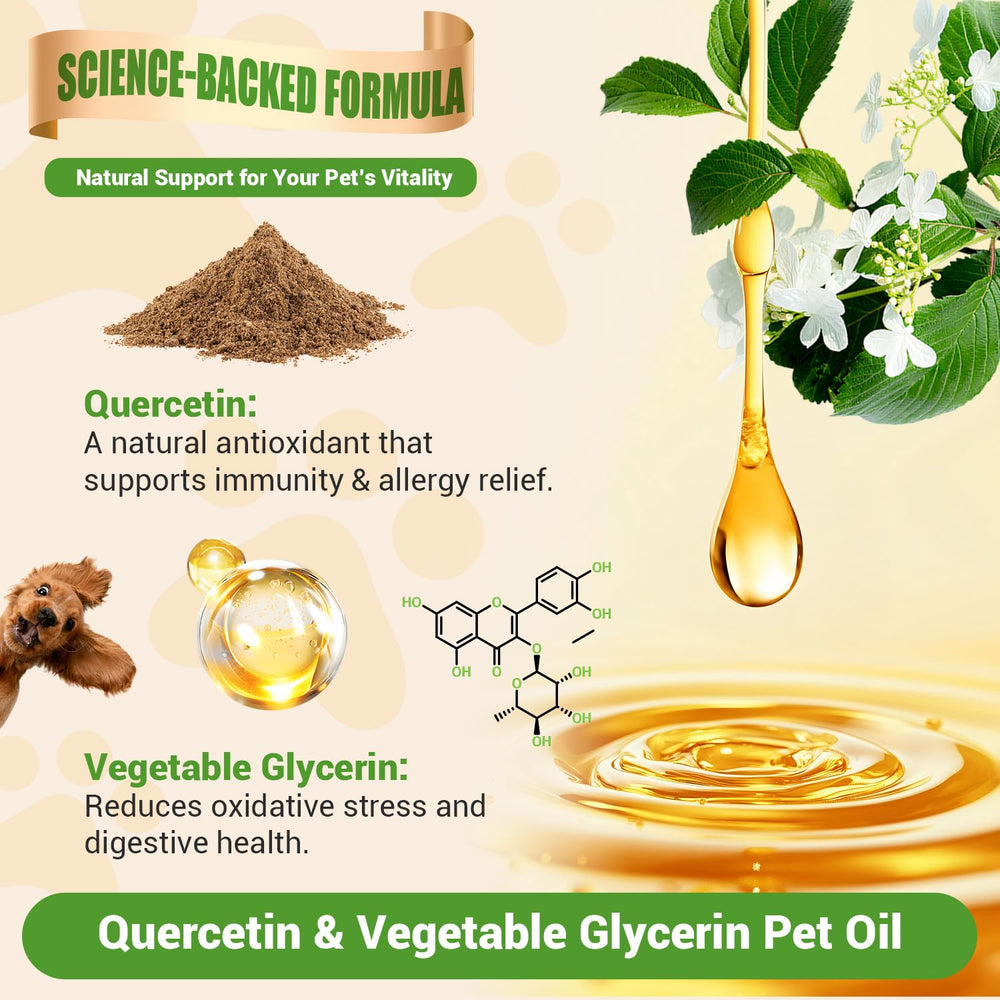 ProFluffyBio dog quercetin liquid drops pour demonstrates easy daily dosing.