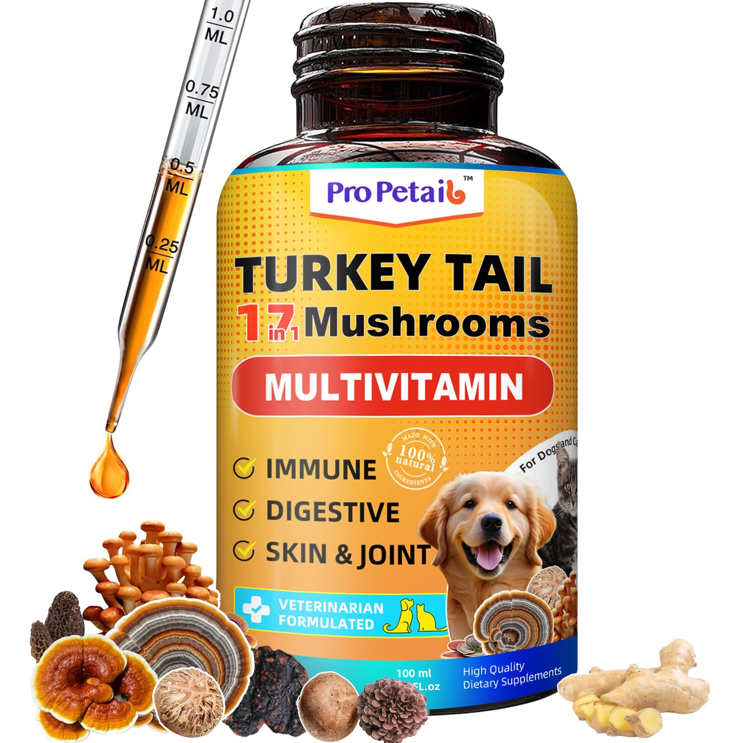 ProPetail turkey-tail-drops bottle front showing 3000mg potency for dogs