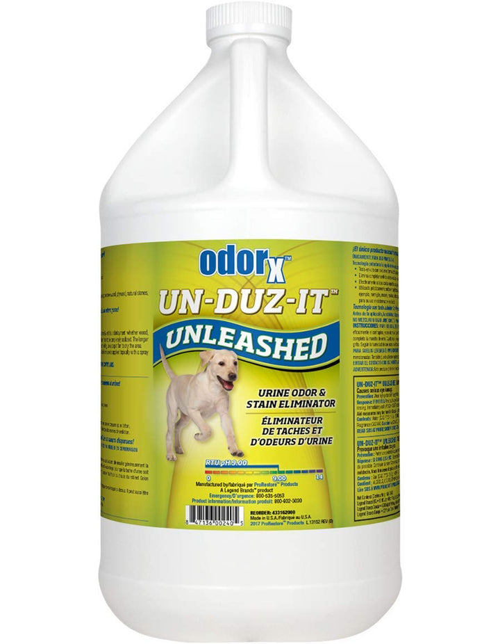 PRORESTORE ODORx Un-Duz-It stain removal on fabrics and concrete surfaces