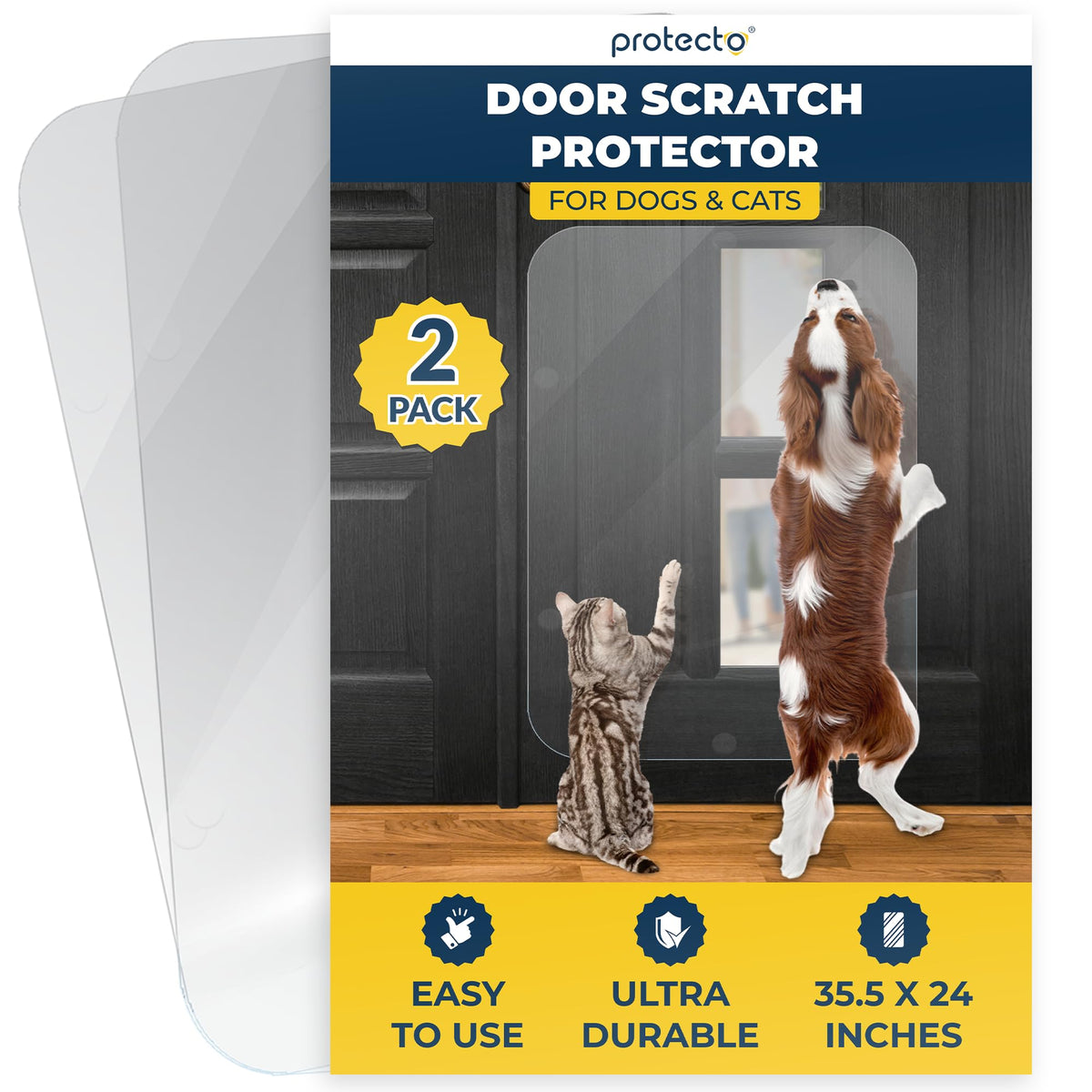 PROTECTO 2-pack door protector on a front door, clear shield protecting wood from pet scratches.