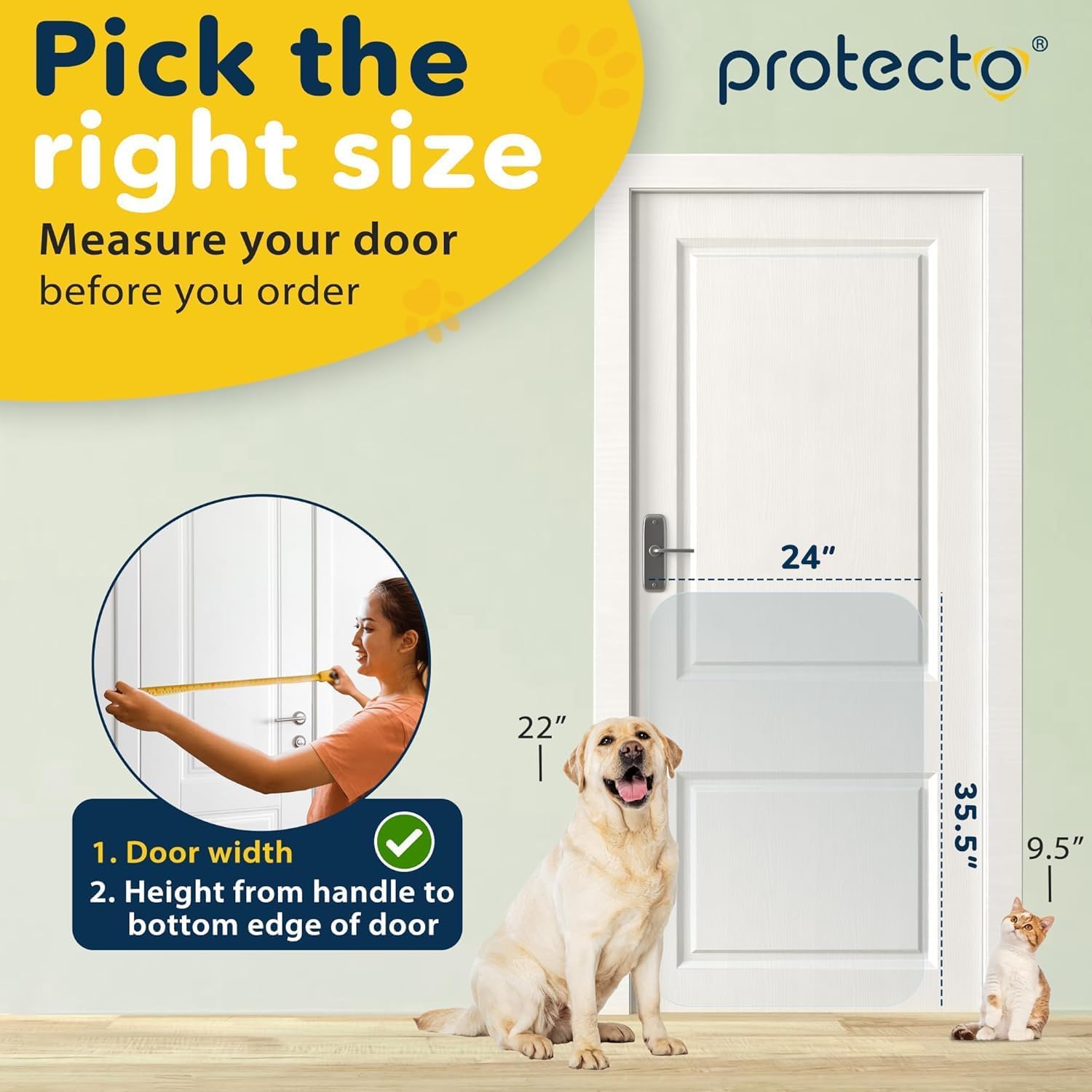 PROTECTO adhesive installation closeup showing tool-free setup for door protection.