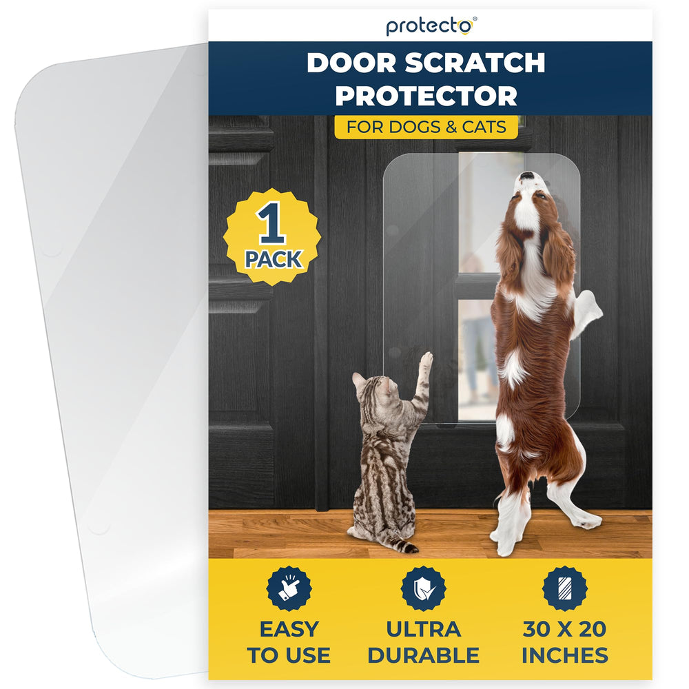 PROTECTO clear door protector 30x20 inch shields doors from pets while preserving visibility.