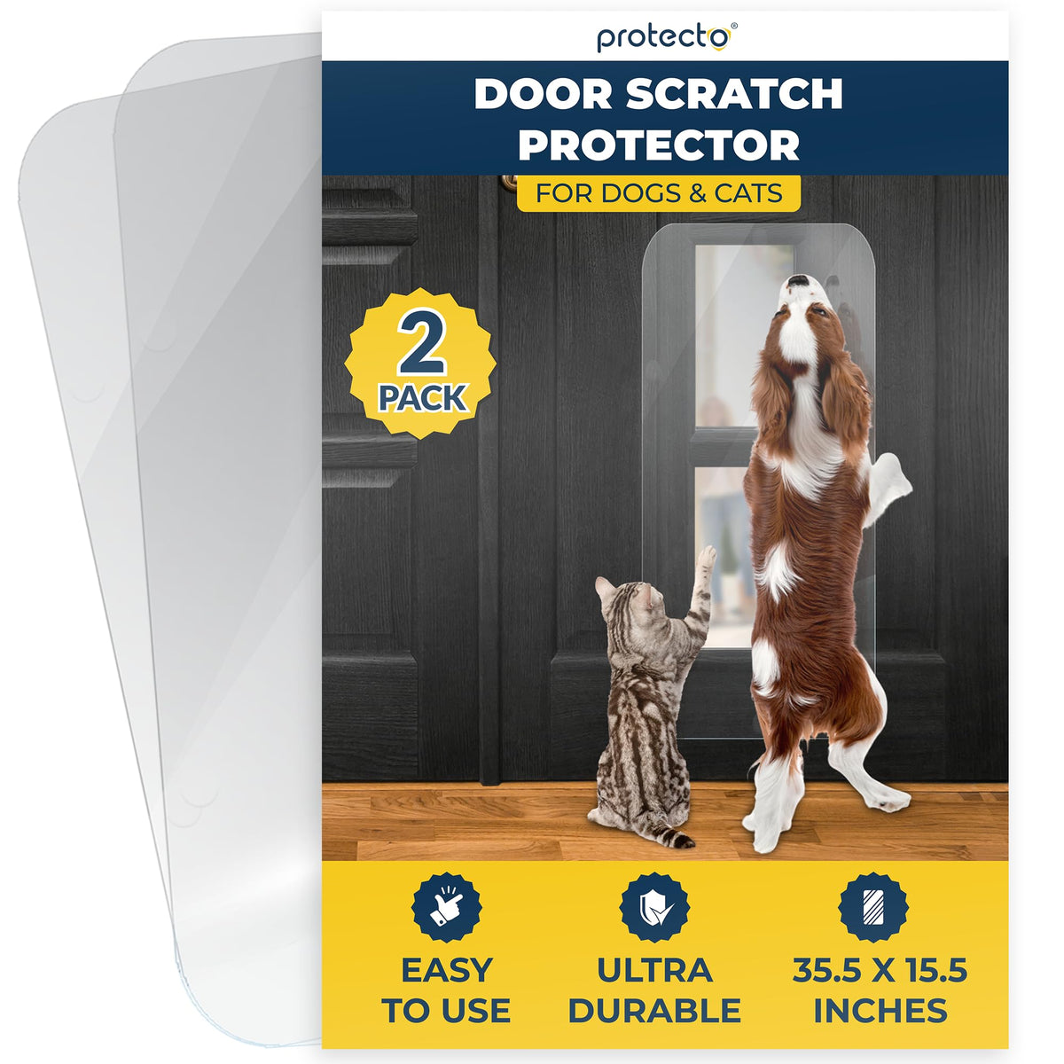 PROTECTO door protector clear sheet shields doors from pet scratches.