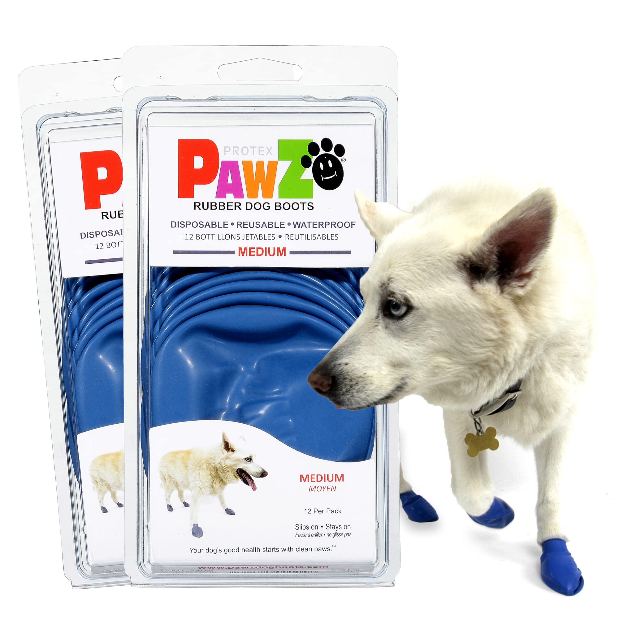 Protex PawZ blue medium booties on a paw for all-weather protection during outdoor walks