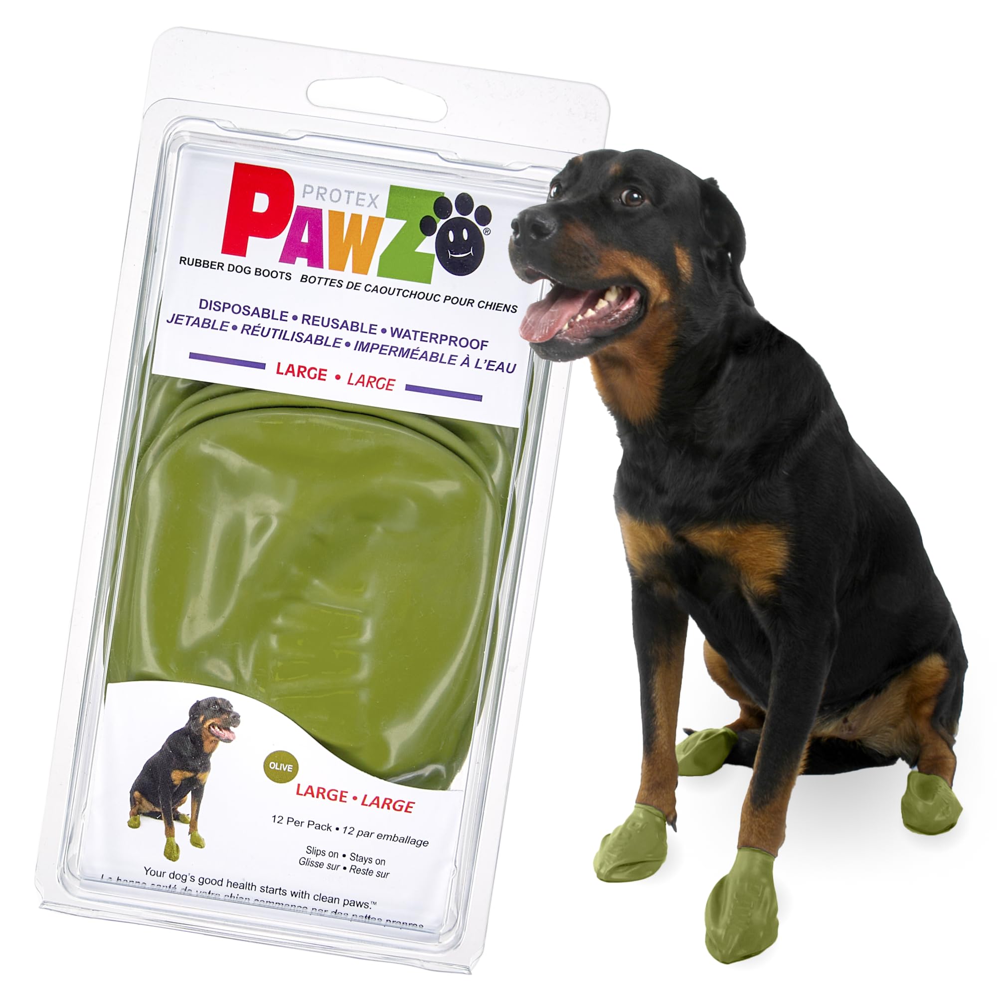 Protex PawZ boot on large dog paw in olive green for all-weather protection.