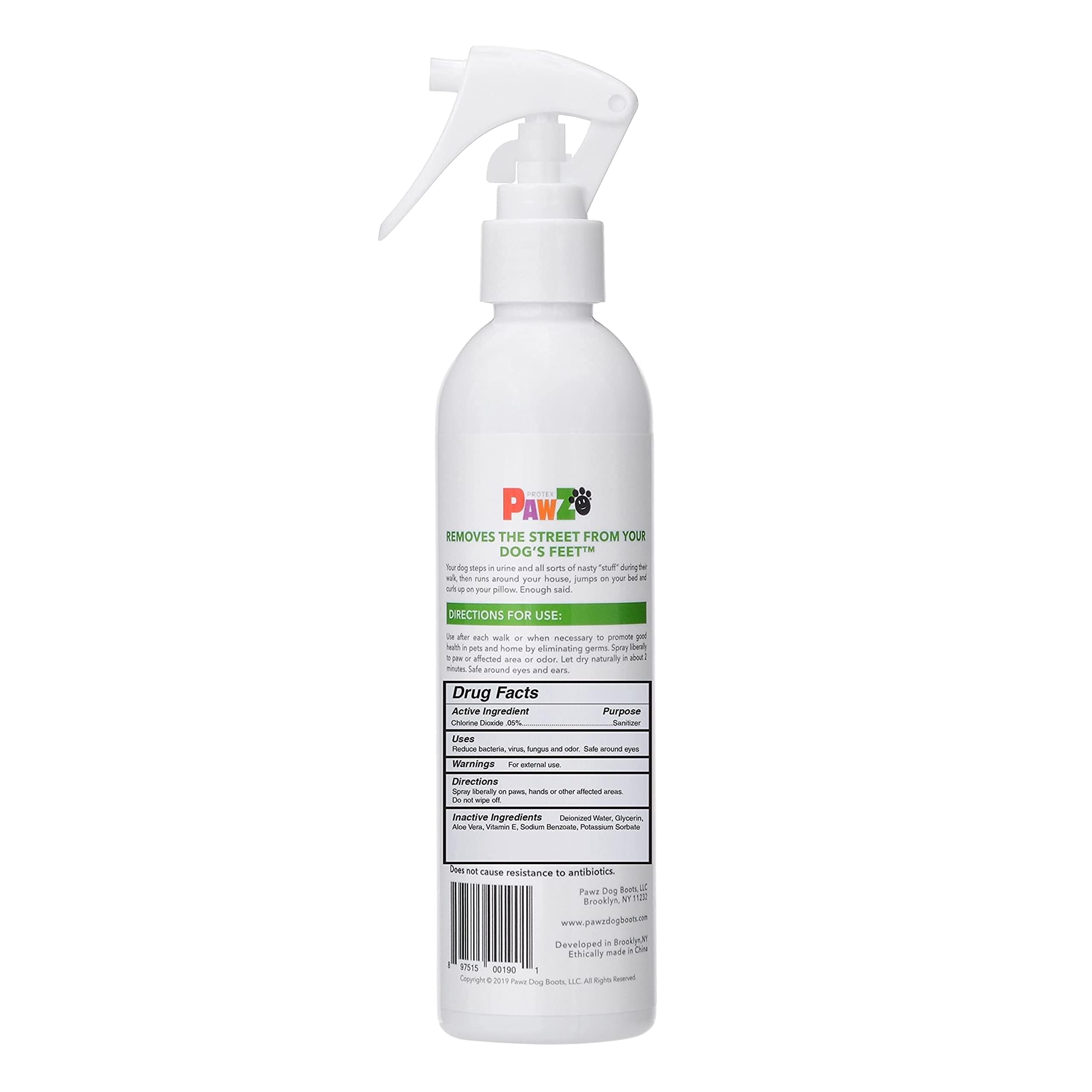 Protex PawZ SaniPaw bottle side label emphasizing odor elimination and pet-safe formula.