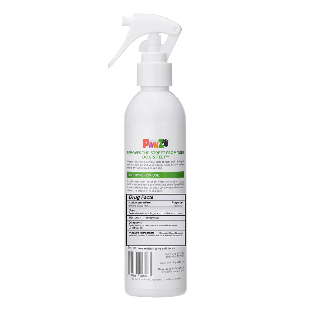 Protex PawZ SaniPaw bottle side label emphasizing odor elimination and pet-safe formula.