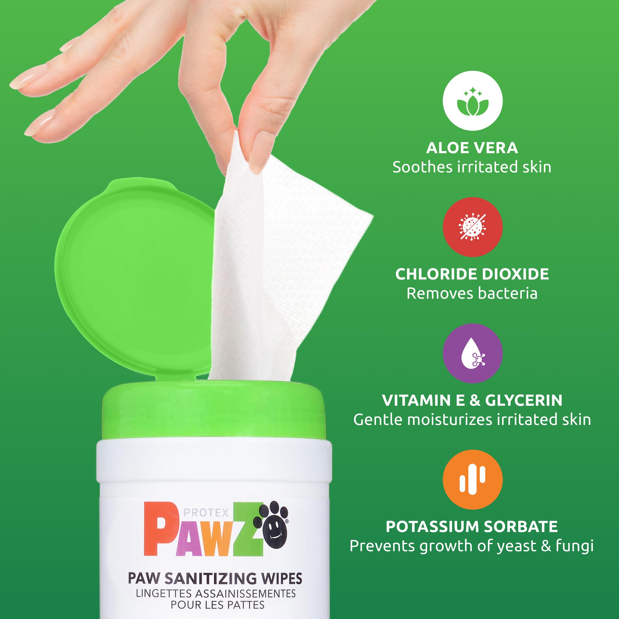 Protex PawZ SaniPaw wipes in a grooming scene for quick between-bath touchups.