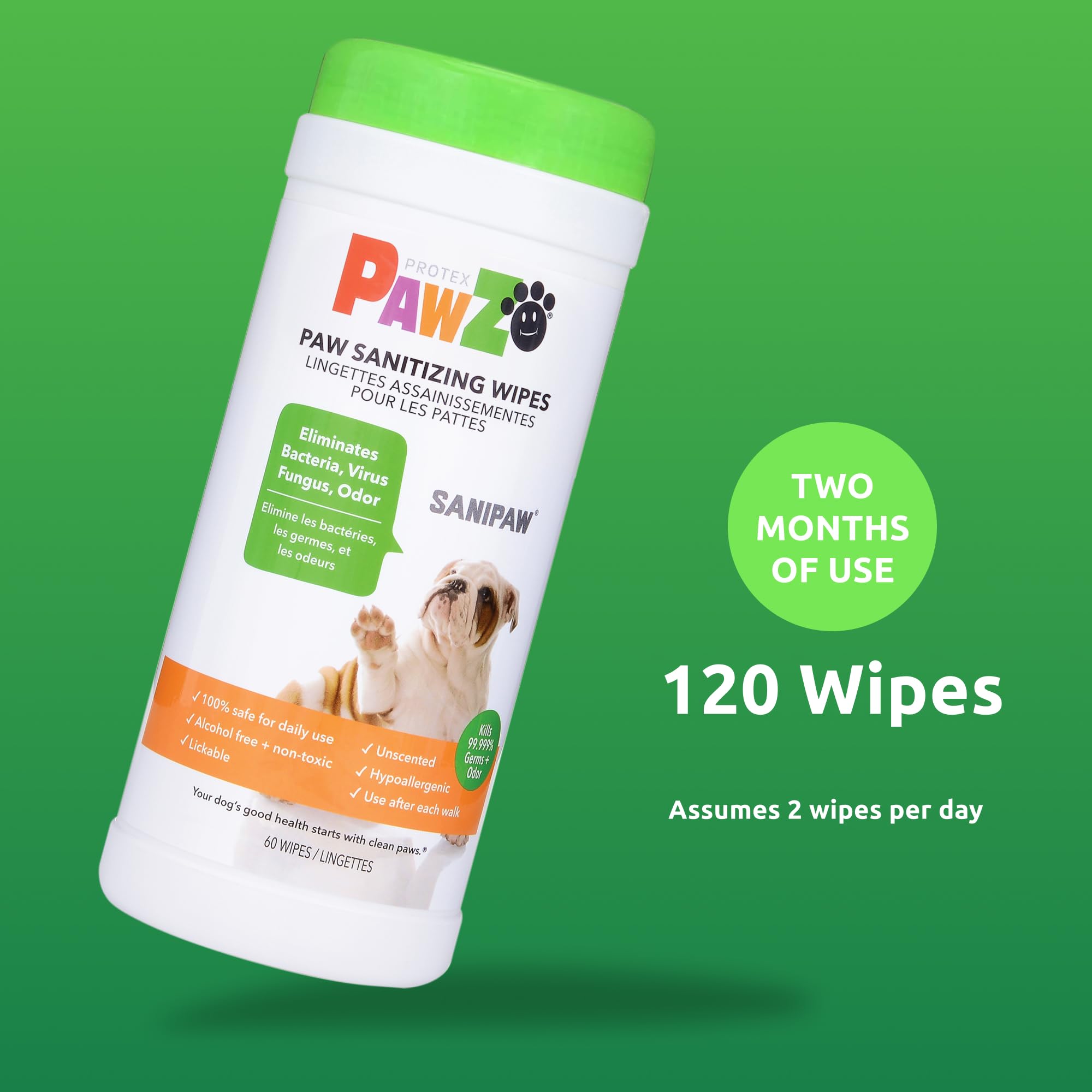 Protex PawZ SaniPaw wipes on dog paw demonstrating easy cleansing after walks.