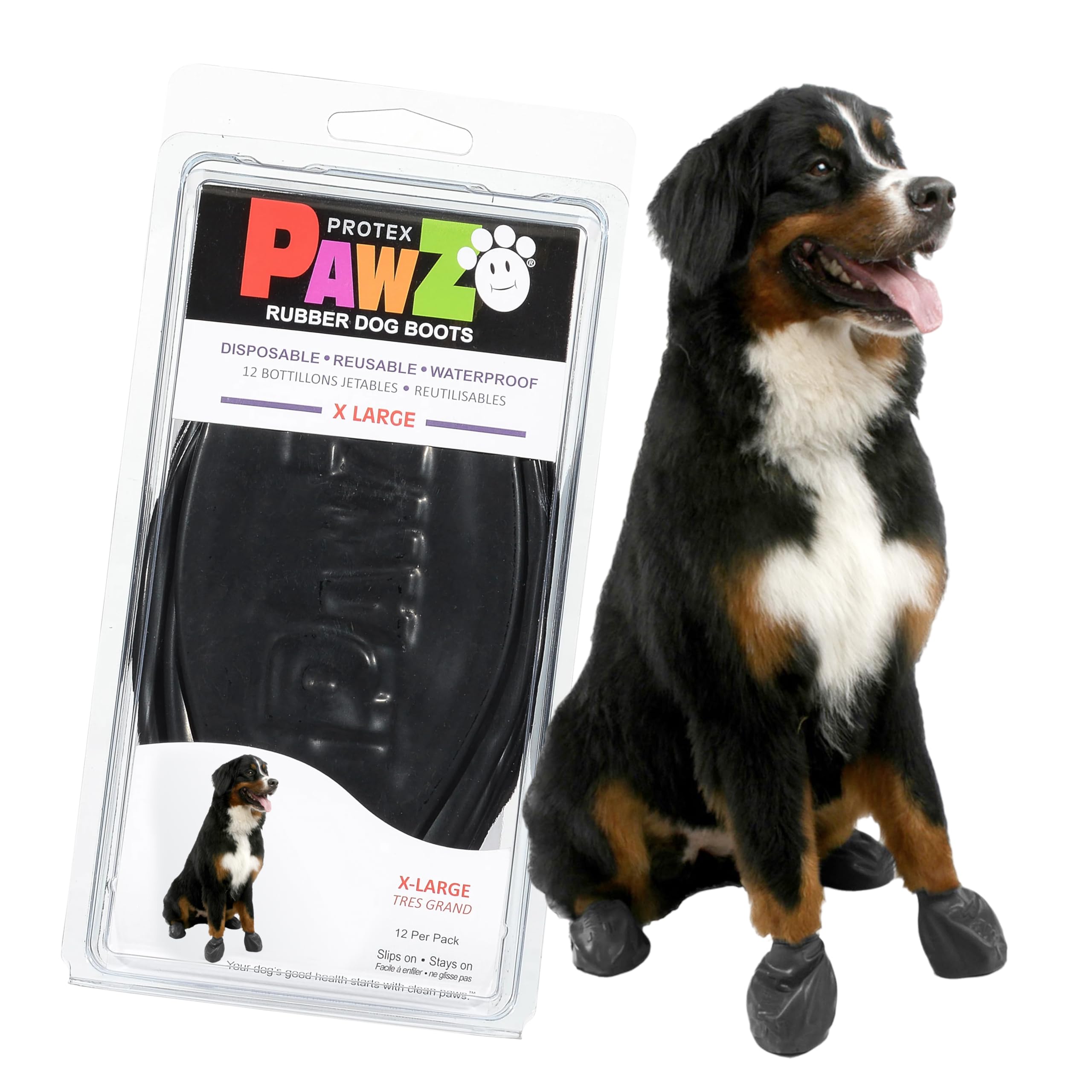 Protex PawZ XL pull-on dog boots on large paws offering all-weather protection