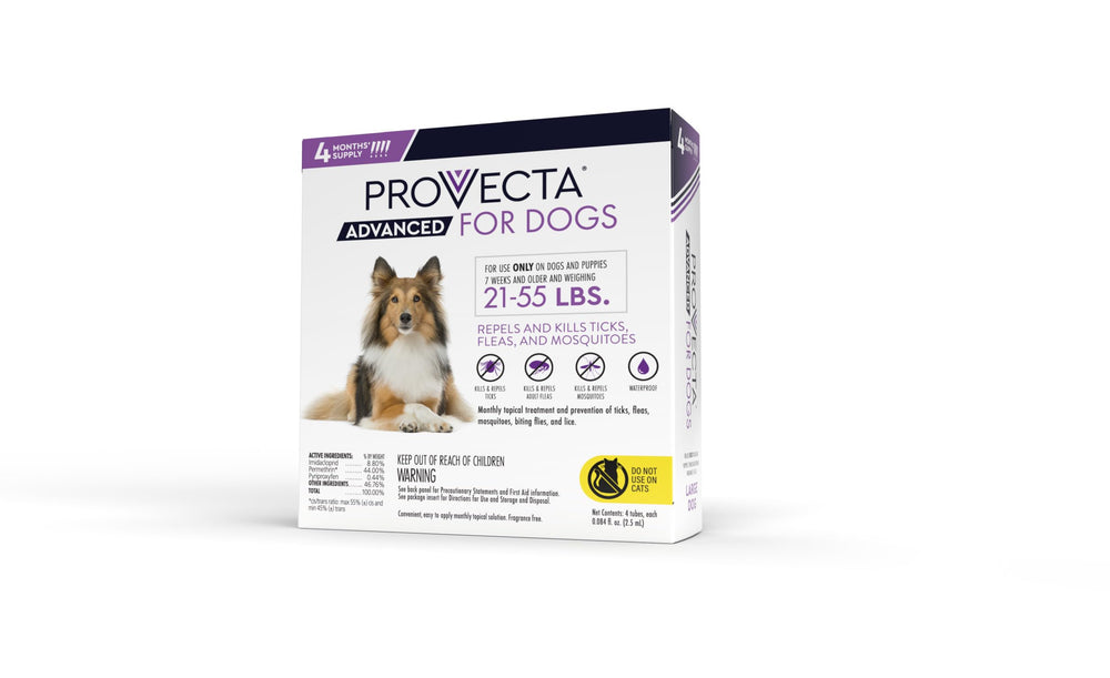 Provecta Advanced Large Dogs packaging highlights 4-month supply and target pests.