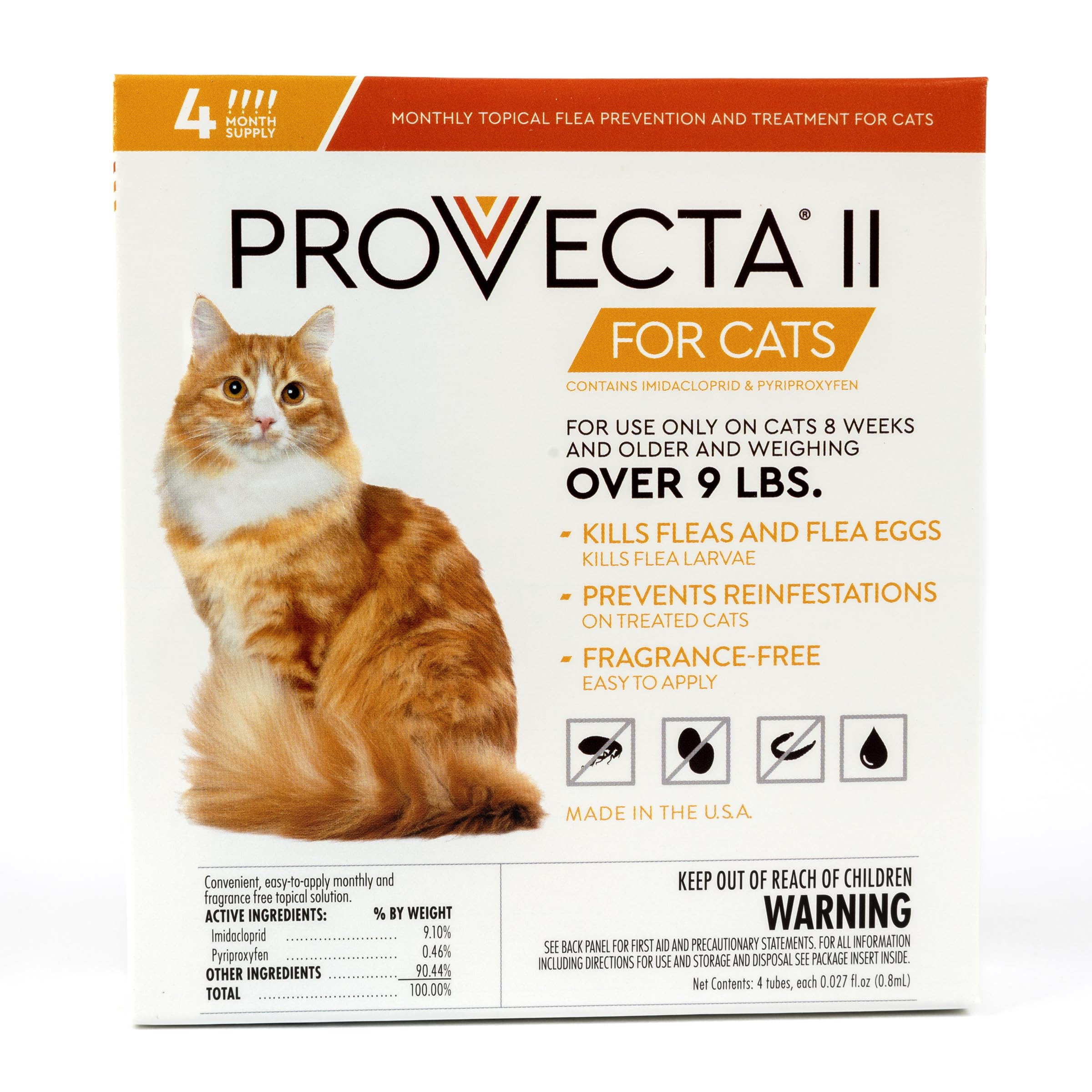 Provecta II orange packaging for large cats over 9 lbs with four-dose supply.
