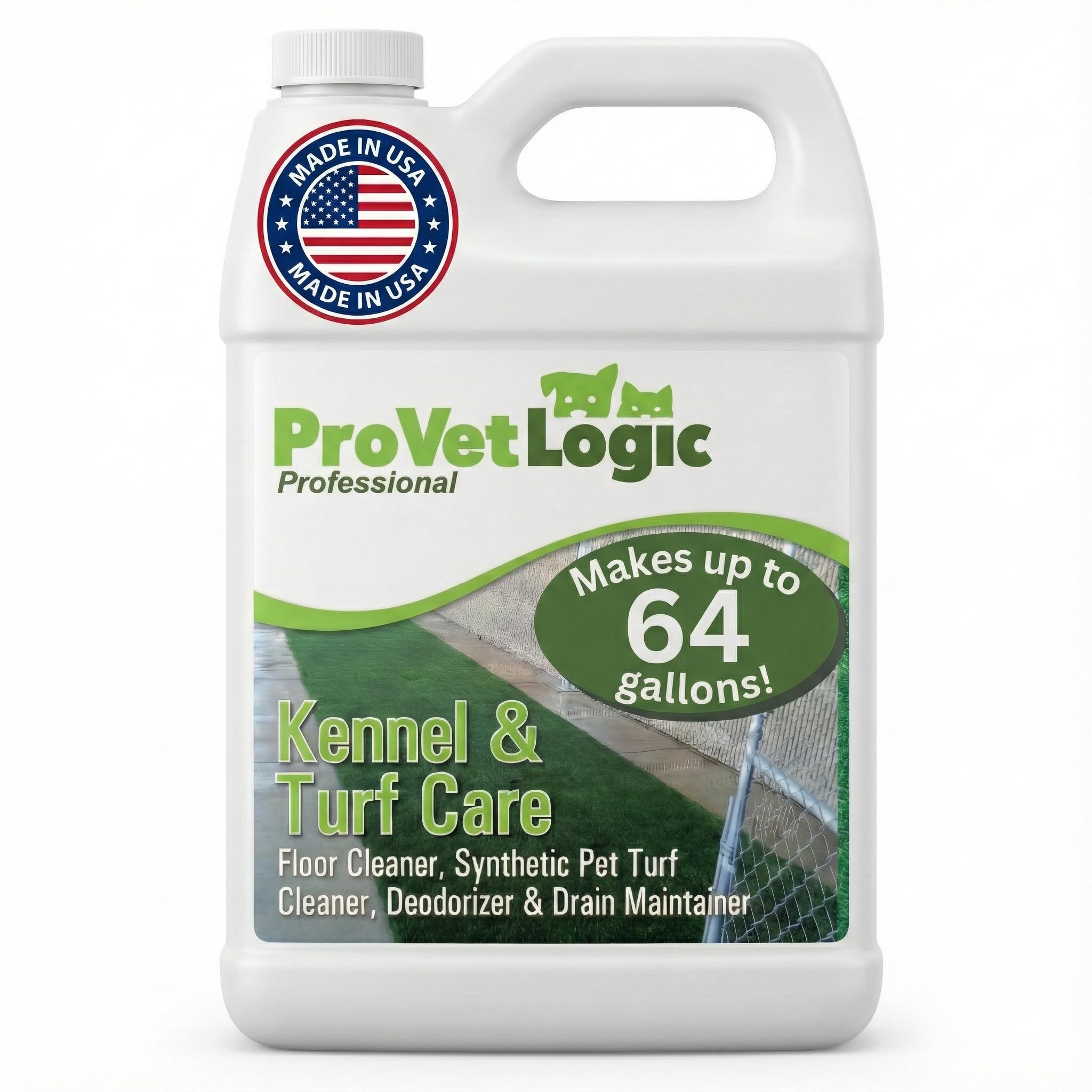 ProVetLogic Kennel & Turf Cleaner bottle enables deep cleaning and odor control on kennel floors and turf.