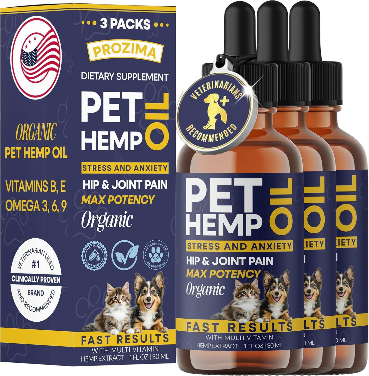 PROZIMA Hemp Oil for Dogs and Cats 3-Pack bottle pour offers easy dosing for calmer pets.