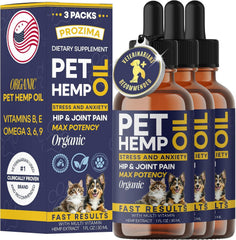 PROZIMA Hemp Oil for Dogs and Cats 3-Pack bottle pour offers easy dosing for calmer pets.