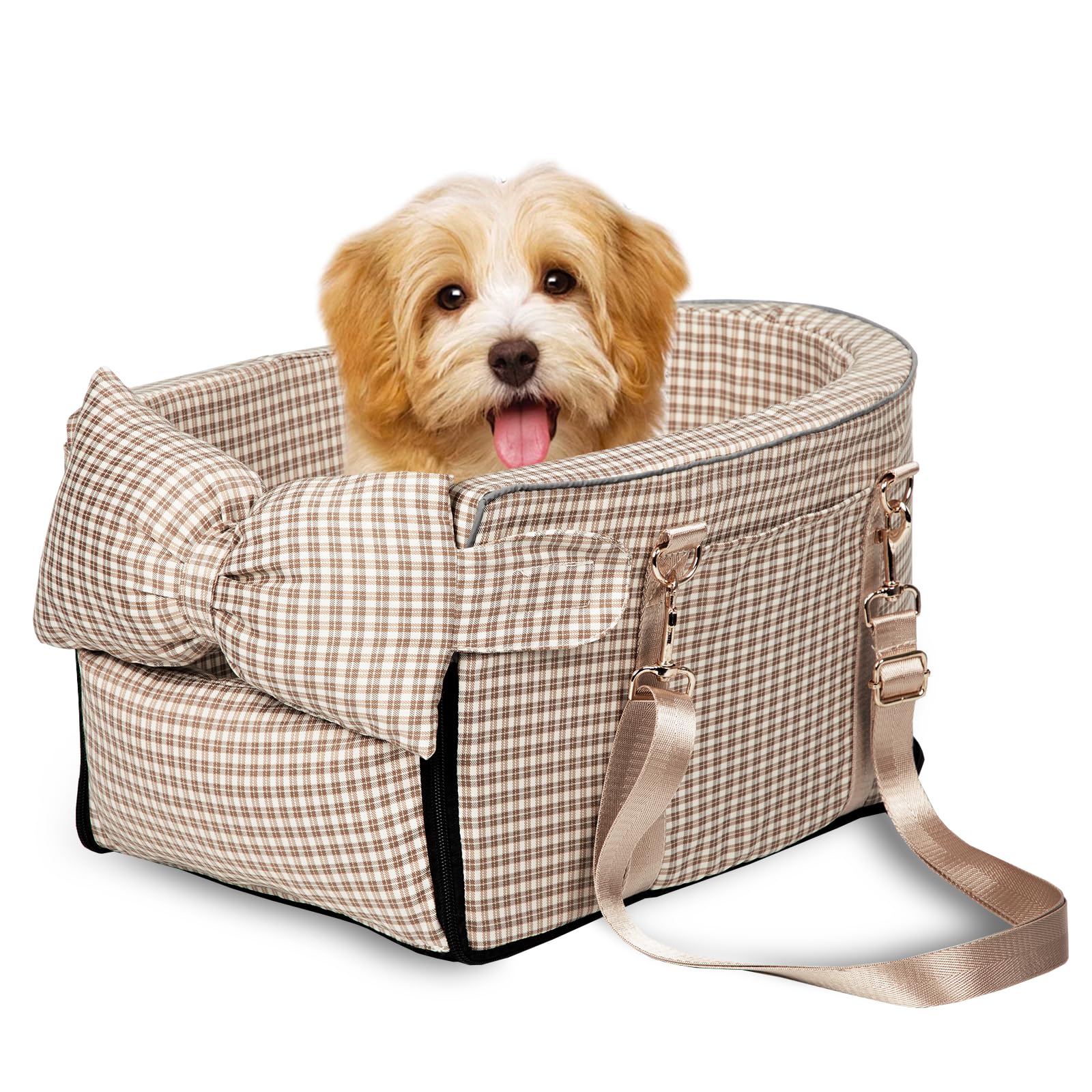 Prpeko center console dog car seat in grid brown keeps small dogs secure on rides