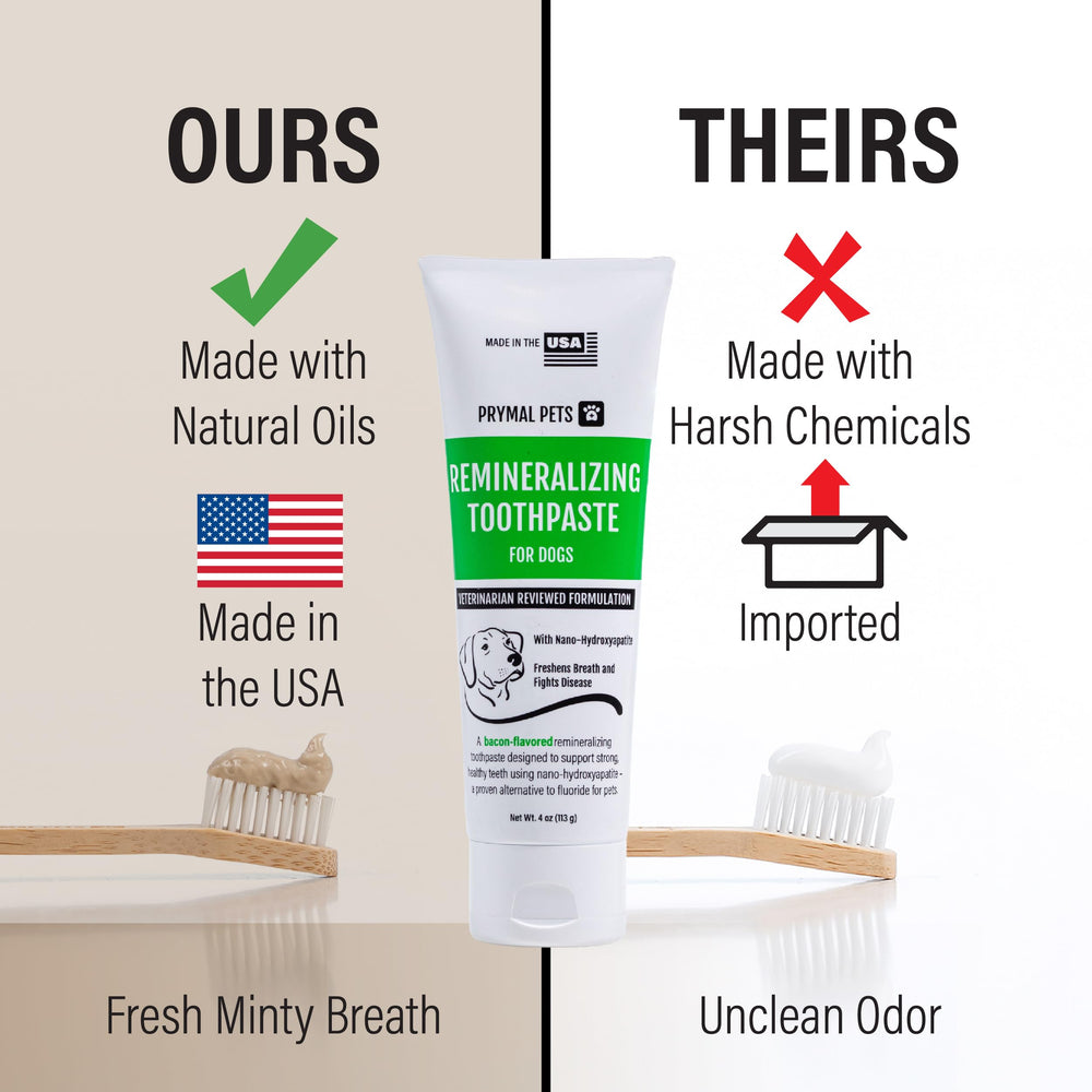 Prymal Pets dog brushing teeth with paste demonstrates gentle, safe care.