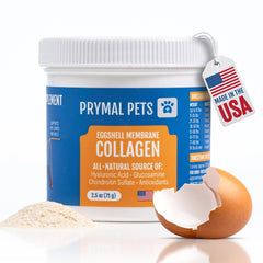 Prymal Pets eggshell membrane collagen powder in a scoop for easy daily joint support.