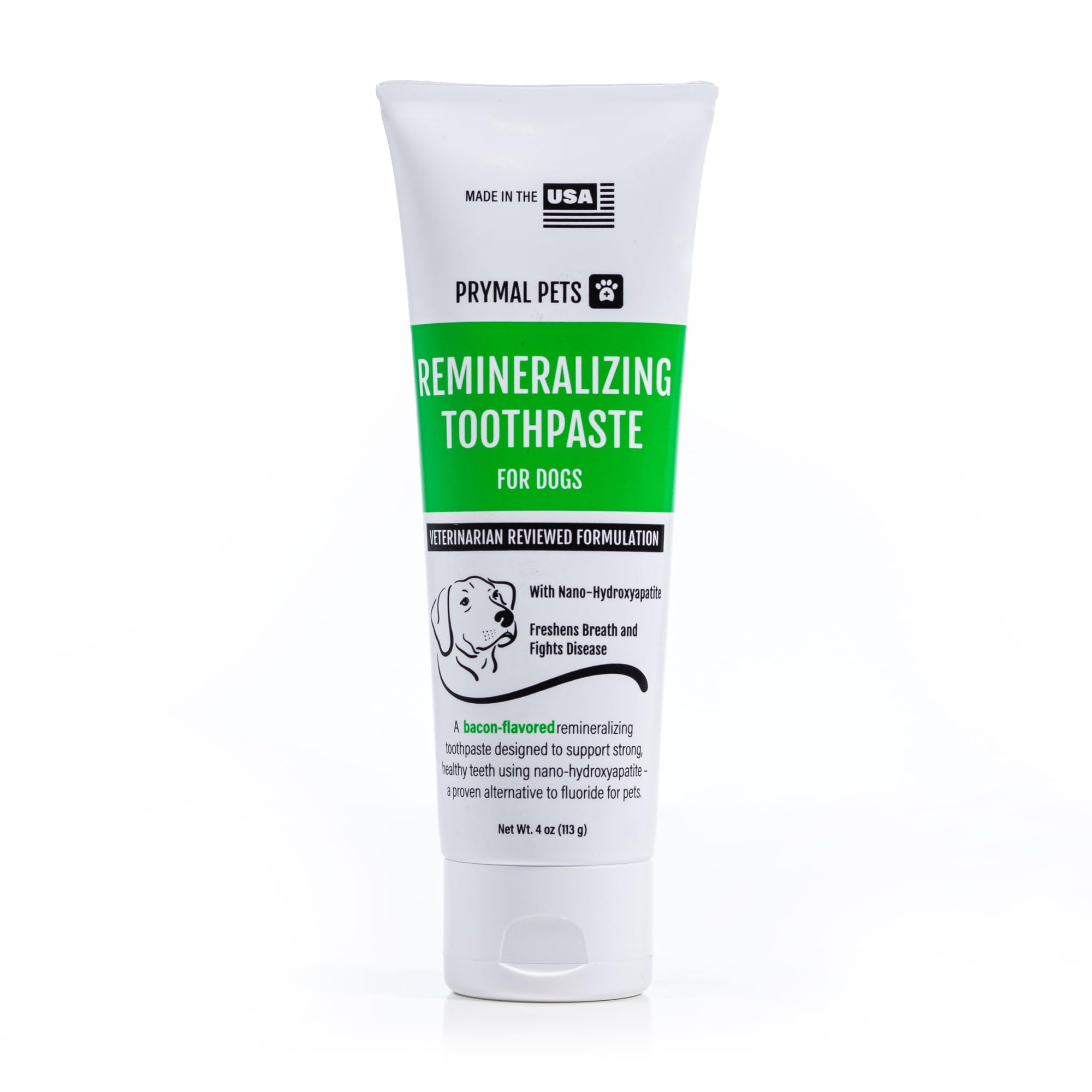 Prymal Pets remineralizing toothpaste bottle with bacon flavor supports easy brushing.
