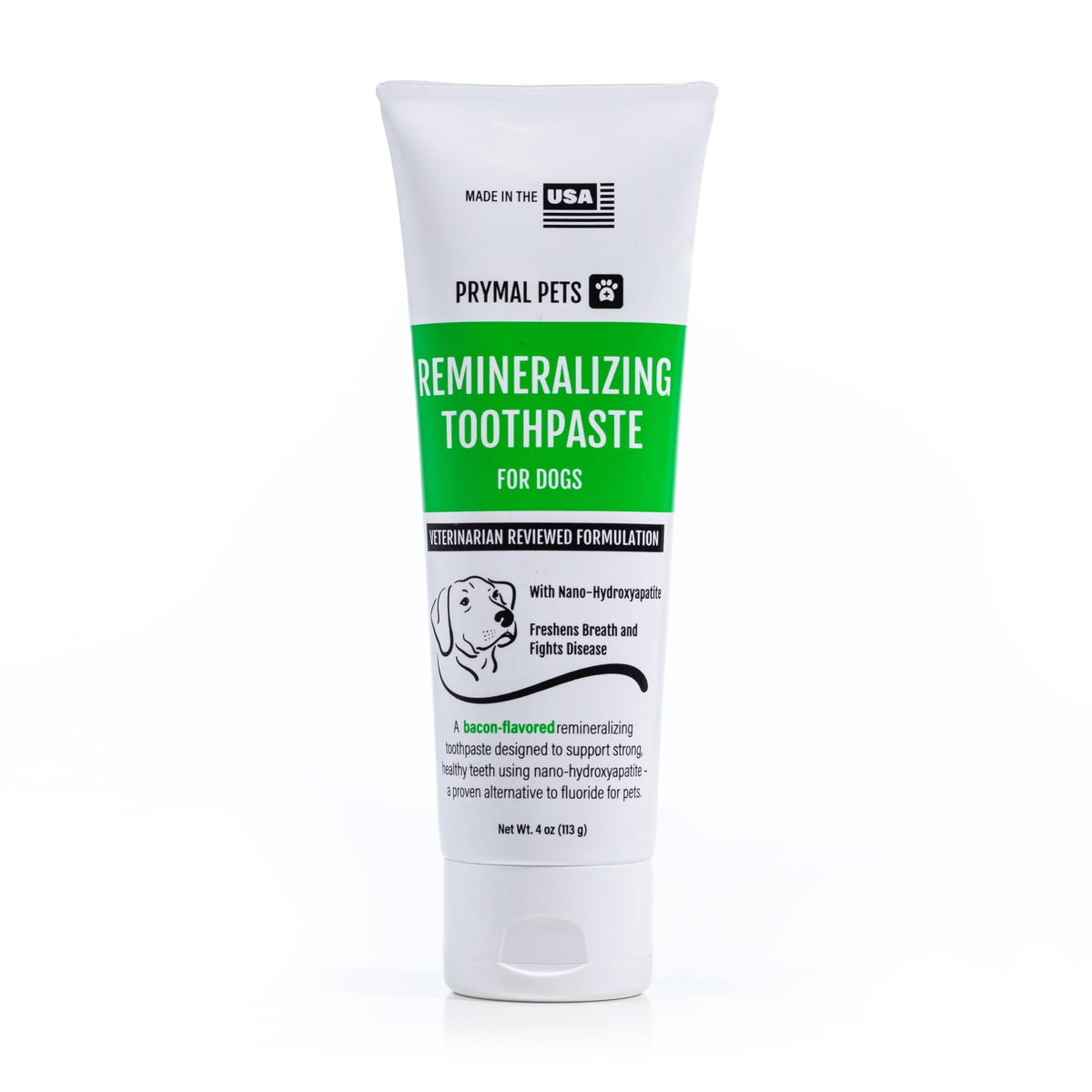 Prymal Pets remineralizing toothpaste bottle with bacon flavor supports easy brushing.