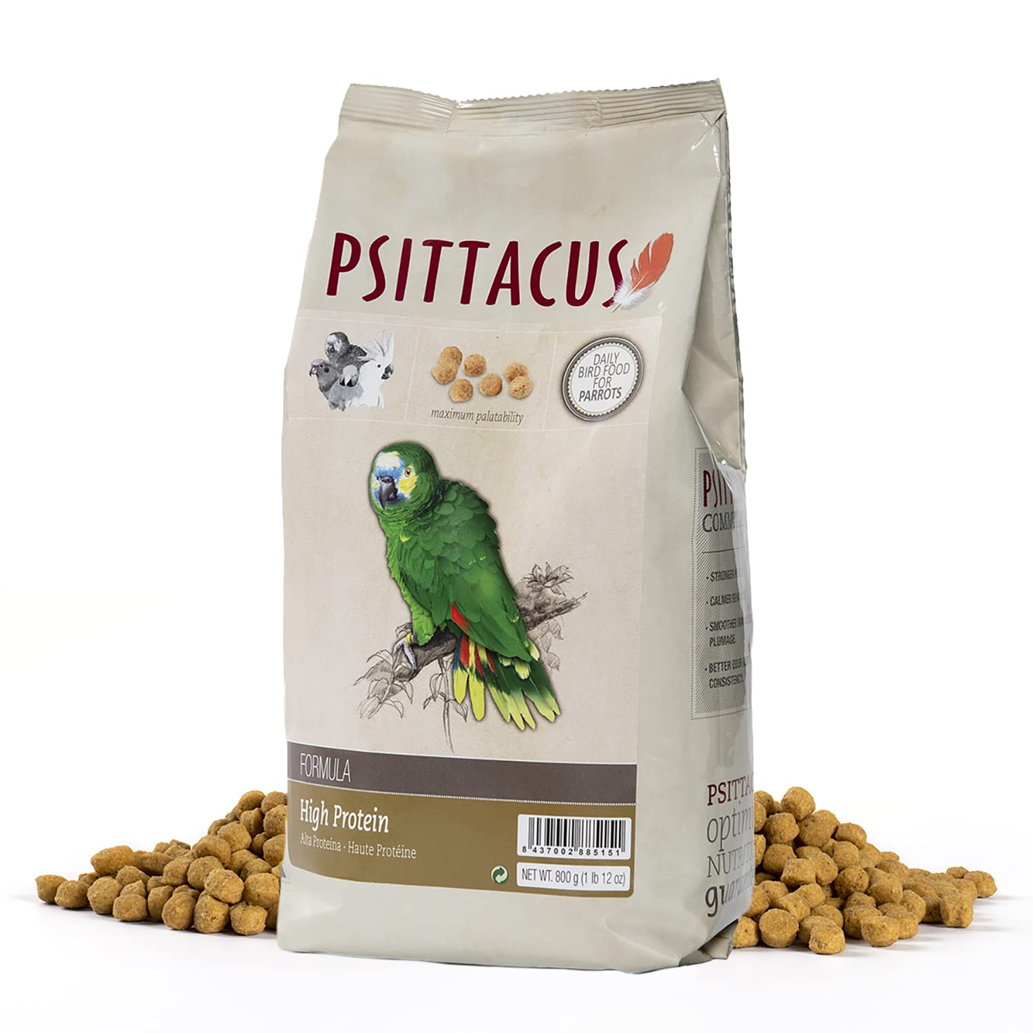 Psittacus High Protein pellet packaging shows a balanced diet for Amazons and cockatoos.