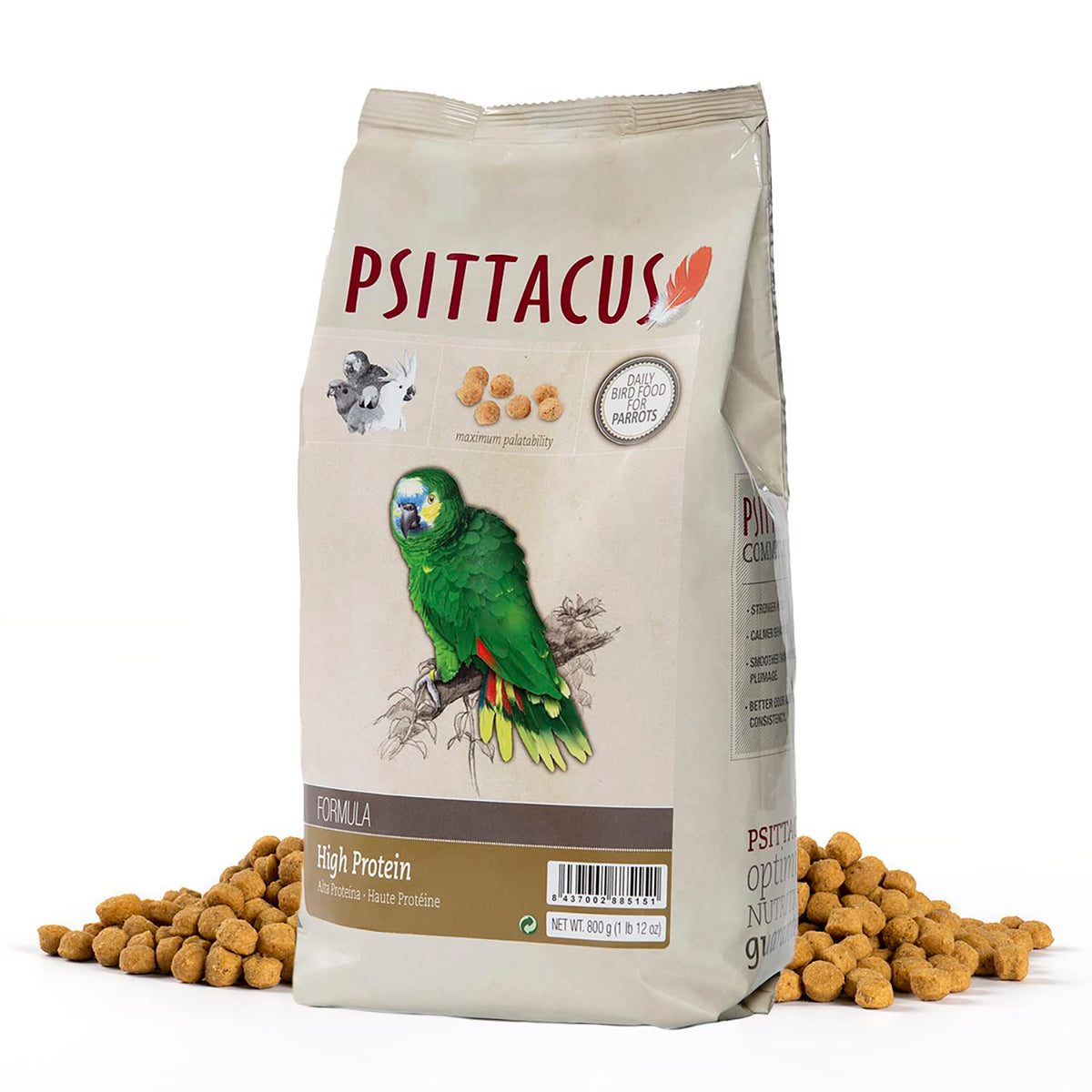 Psittacus High Protein pellet packaging shows a balanced diet for Amazons and cockatoos.