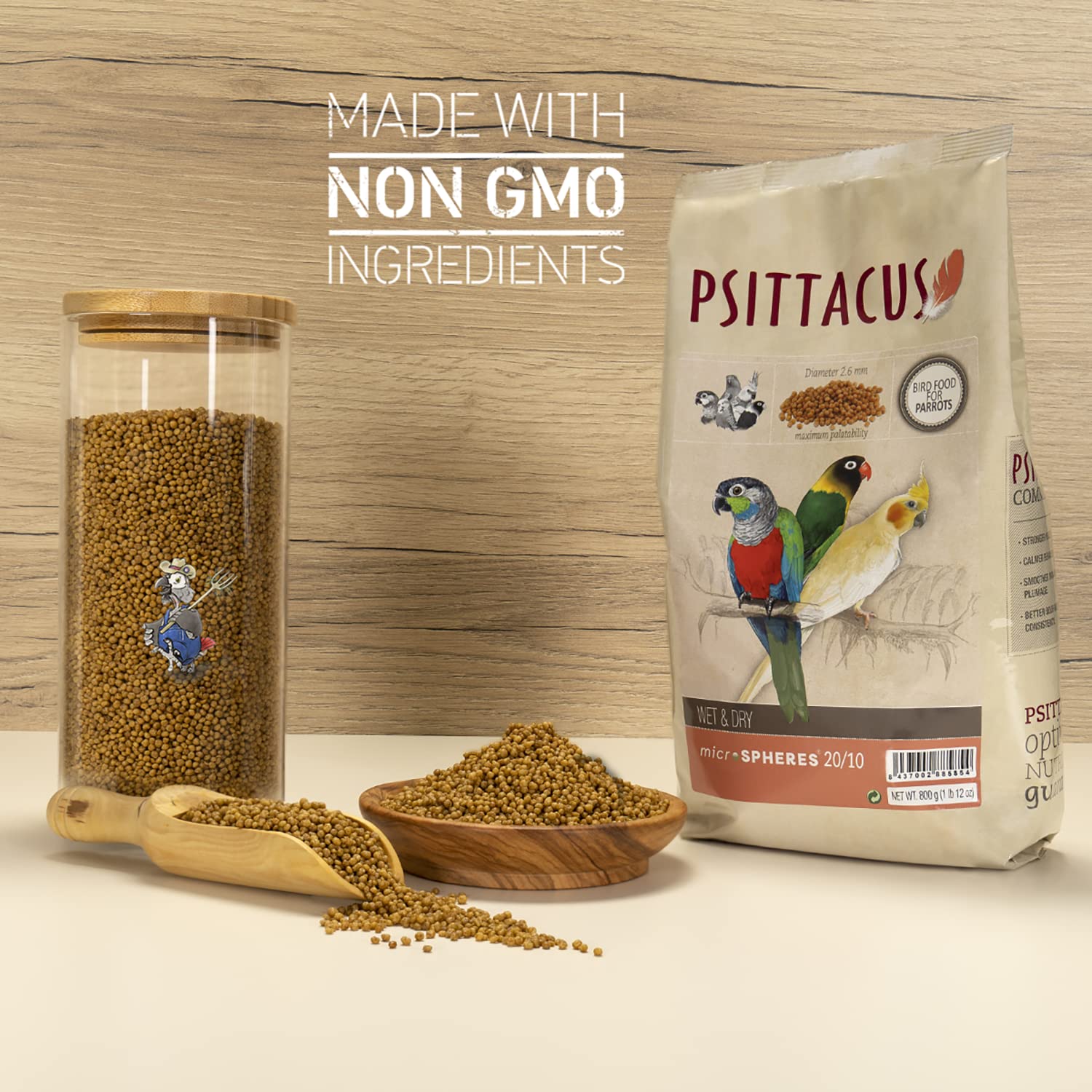 Premium packaging of Psittacus microspheres 20/10 for parrots.