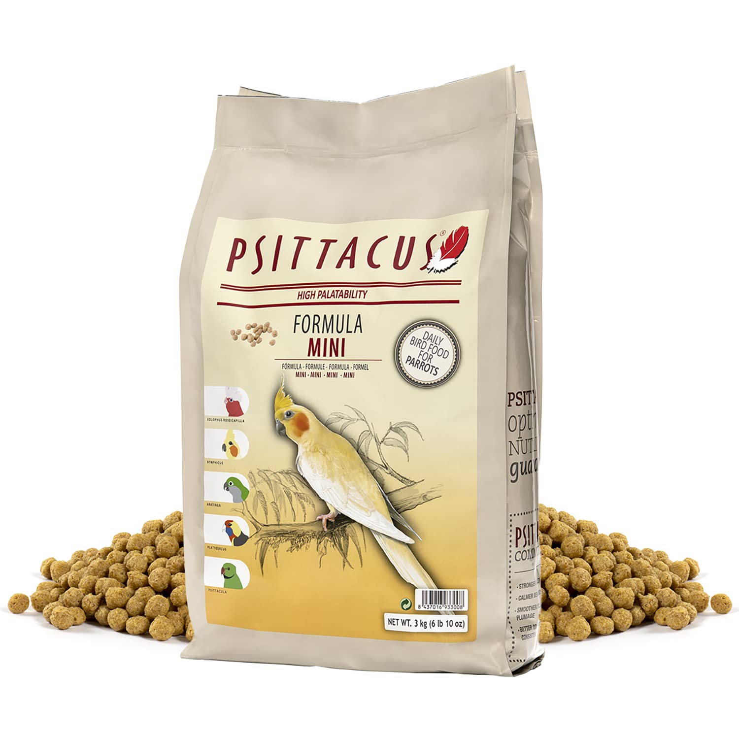 Psittacus Mini packaging shows GMO-free pellets for balanced daily nutrition.