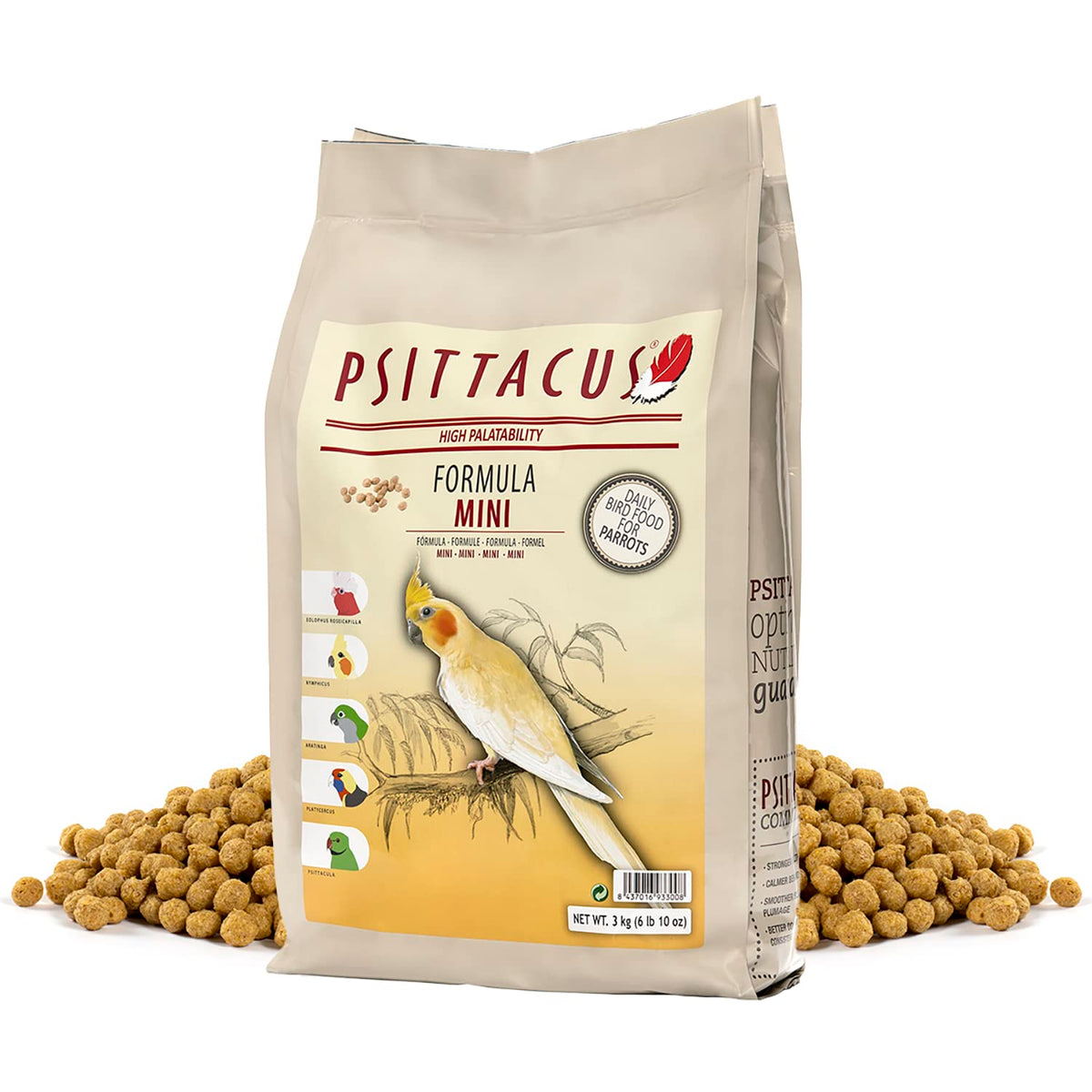 Psittacus Mini packaging shows GMO-free pellets for balanced daily nutrition.