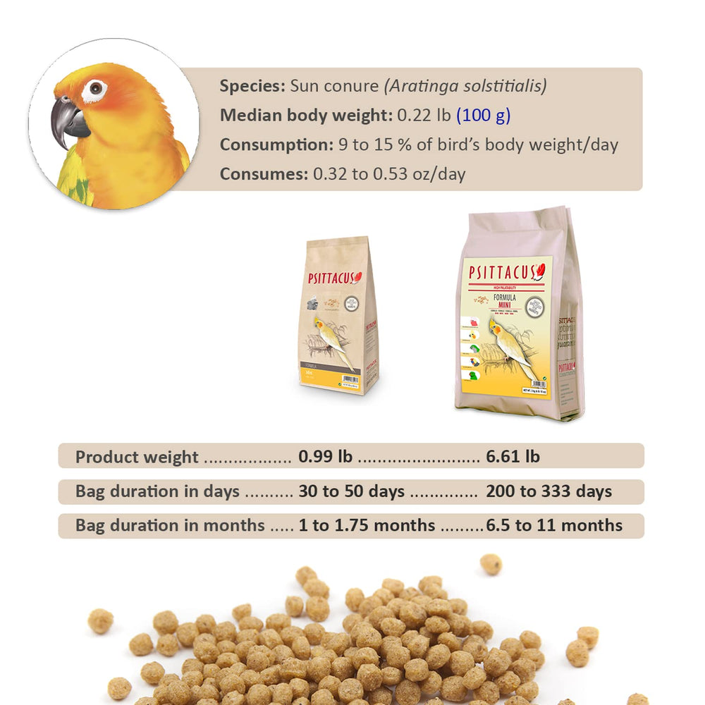 Close-up of Psittacus Mini pellets reveals natural color and texture for palatability.